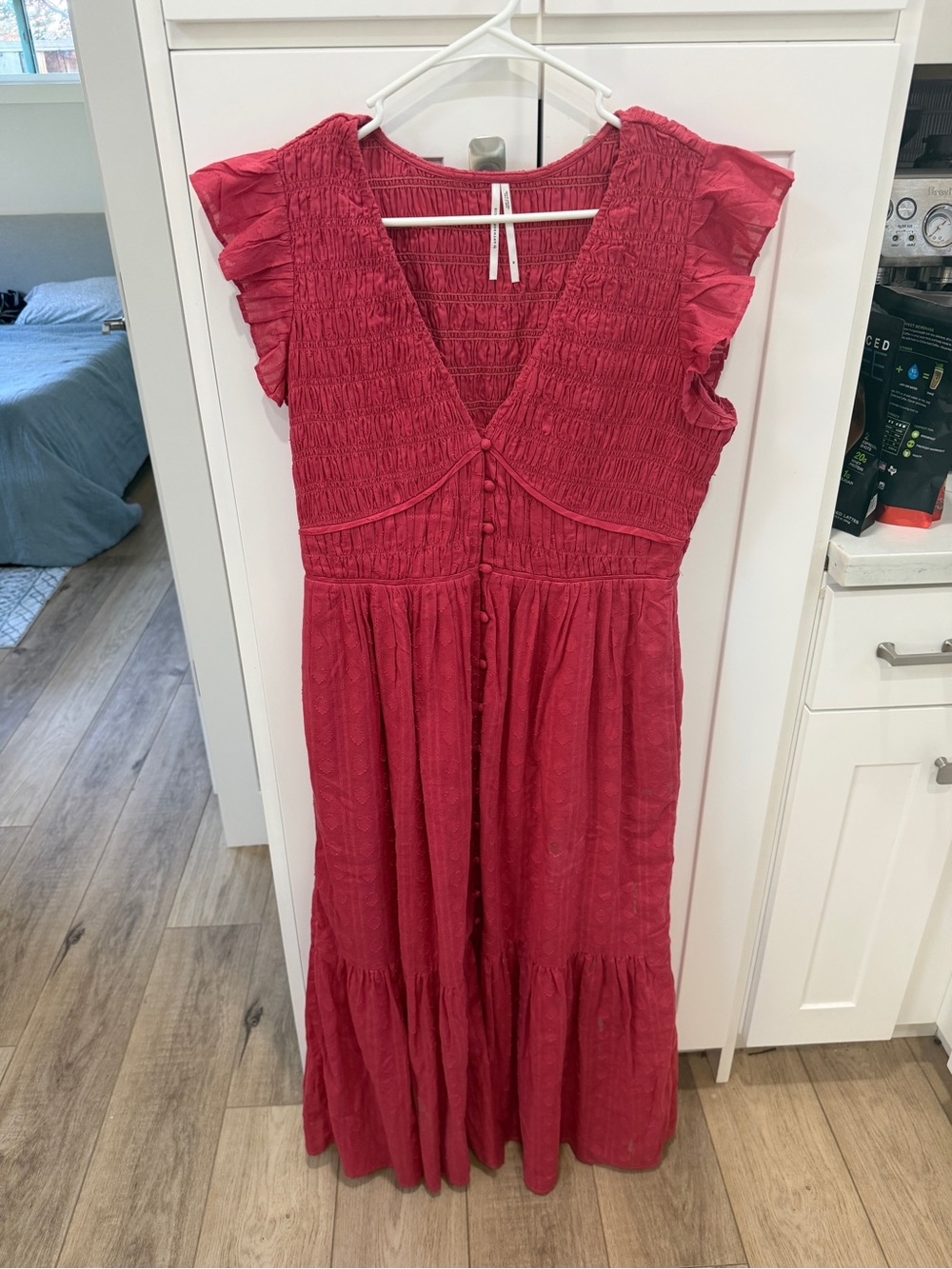 Anthropologie Raspberry Ruffle-Sleeve Button-Front Maxi Dress